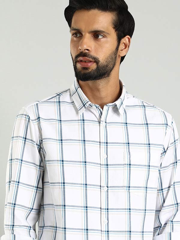 Indian Terrain Men's Regular Fit Full Sleeve Checkered White Shirt